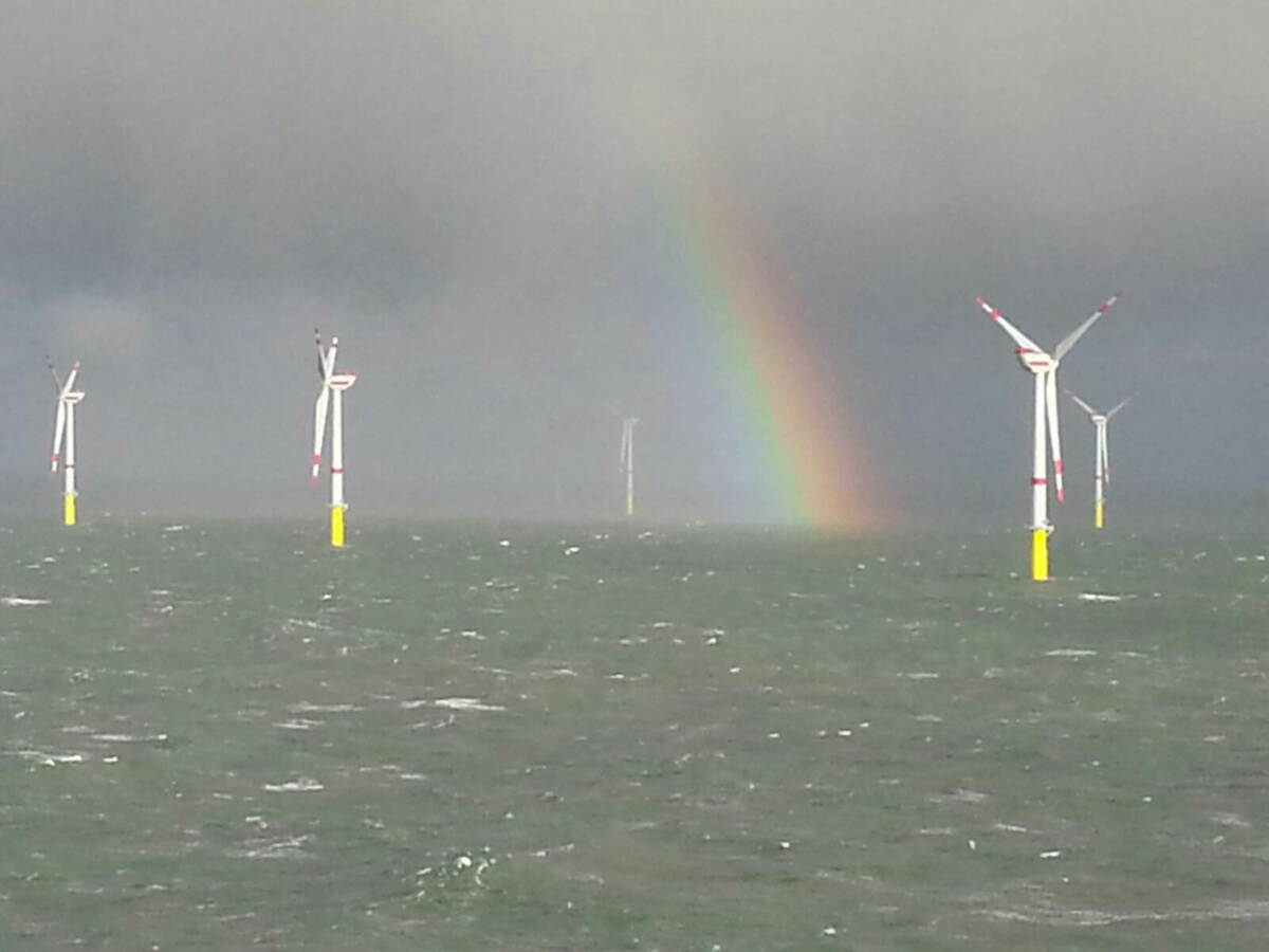 Das Foto zeigt mehrere Windenergieanlagen im Meer sowie einen Regenbogen.
